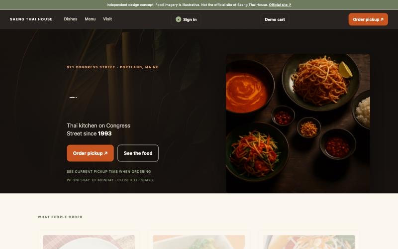 Demo de restaurante: capa escura com pratos tailandeses e botão de retirada